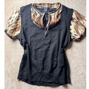 August Silk Womens XL Black Leopard Print Layered Look Short Sleeve Sweater Top